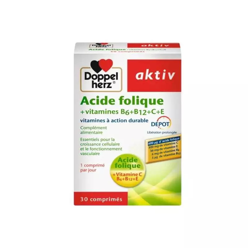 Aktiv Acide Folique+ Vitamine B6+B12+C+E, 30Comprimés