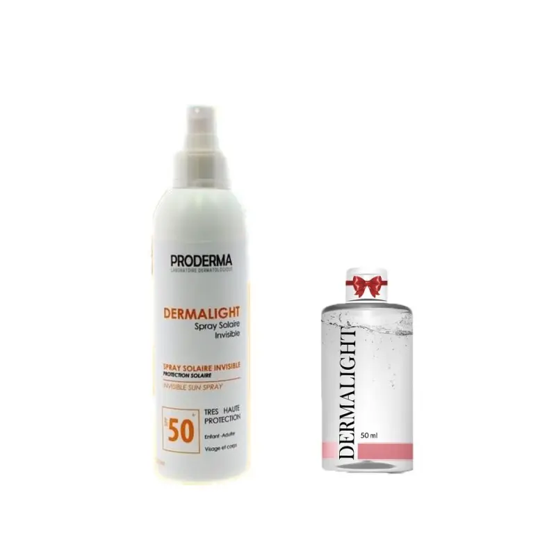 PRODERMA DERMALIGHT – SPRAY SOLAIRE INVISIBLE 220 ML + EAU MICELLAIRE 50 ML OFFERT