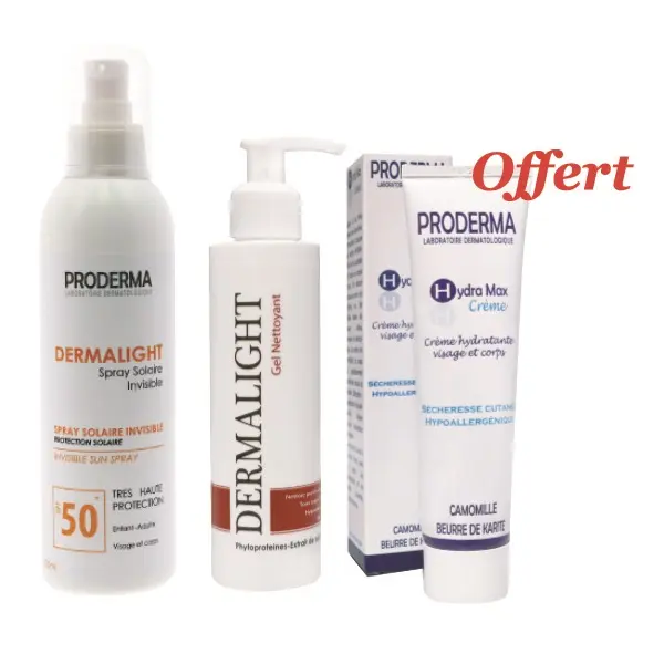 Proderma dermalight Spray solaire invisible avec un spf50+ 220 ML + GEL NETTOYANT + Crème OFFERTE