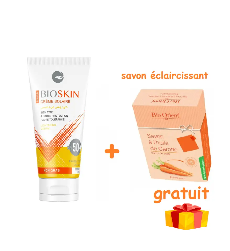 Bioskin Creme Solaire invisible Spf50+ 50ml = savon carotte éclaircissante gratuit