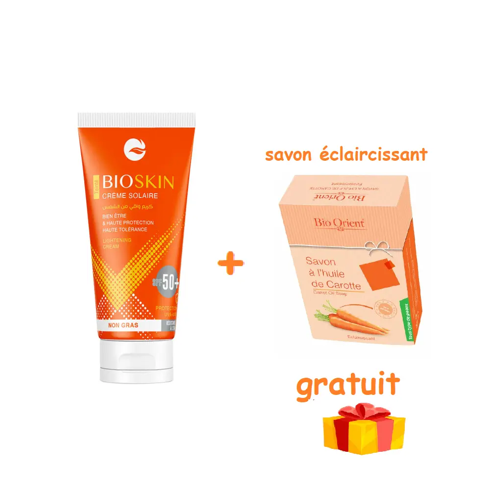 Bioskin Creme Solaire Teinte Spf50+ 50ml = savon carotte éclaircissante gratuit