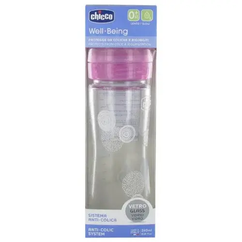 CHICCO WELL BEING BIBERON VERRE 240 ML DEBIT LENT 0 MOIS ET +