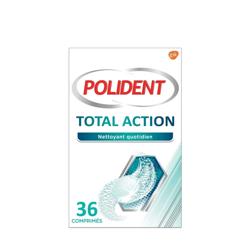 Nettoyant quotidien pour prothèse dentaire - Polident Total Action - 36 comprimés